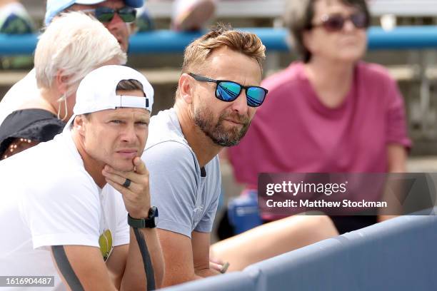 Jiri Vanek watches Petra Kvitova of Czech Republic play Anna Blinkova of Russia during the Western & Southern Open at Lindner Family Tennis Center on...