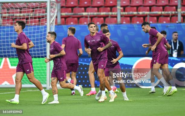 Erik Lamela of Sevilla looks on during a Sevilla FC Training Session ahead of the UEFA Super Cup 2023 match between Manchester City FC and Sevilla FC...