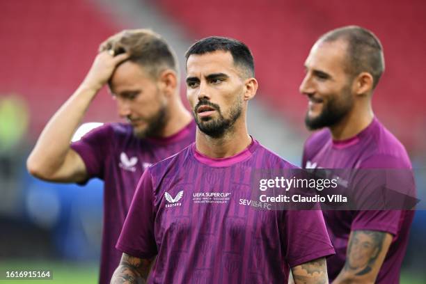 Suso of Sevilla looks on during a Sevilla FC Training Session ahead of the UEFA Super Cup 2023 match between Manchester City FC and Sevilla FC at...