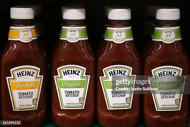 Bottles of Heinz ketchup are displayed on a shelf at Bryan's Market on February 14, 2013 in San Francisco, California. Billionaire investor Warren...