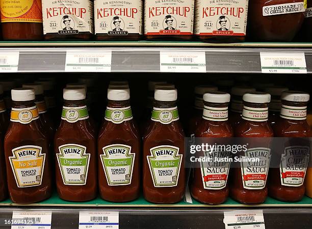 Bottles of Heinz ketchup are displayed on a shelf at Bryan's Market on February 14, 2013 in San Francisco, California. Billionaire investor Warren...