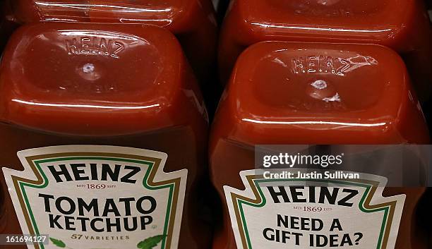 Bottles of Heinz ketchup are displayed on a shelf at Bryan's Market on February 14, 2013 in San Francisco, California. Billionaire investor Warren...