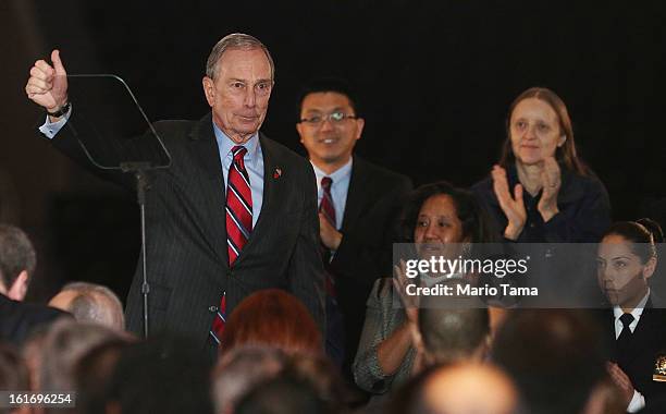 New York Mayor Michael Bloomberg exits after delivering the annual State of the City address at the Barclays Center on February 14, 2013 in the...