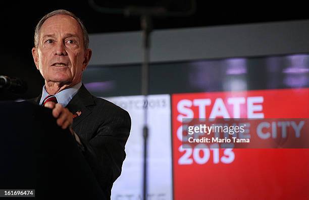 New York Mayor Michael Bloomberg delivers the annual State of the City address at the Barclays Center on February 14, 2013 in the Brooklyn borough of...