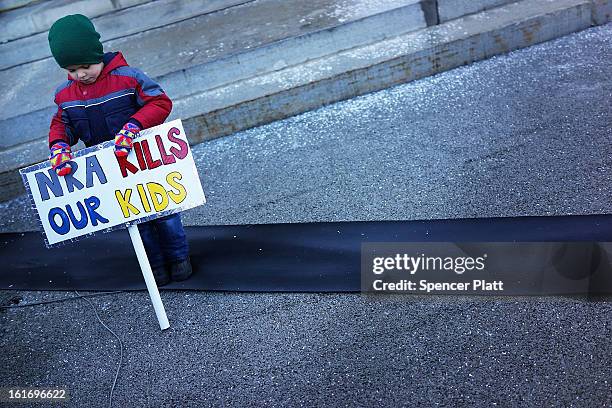 Connor Garrett holds a sign during a rally at the Connecticut State Capital to promote gun control legislation in the wake of the December 14 school...