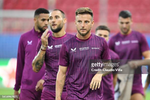 Ivan Rakitic of Sevilla looks on during a Sevilla FC Training Session ahead of the UEFA Super Cup 2023 match between Manchester City FC and Sevilla...