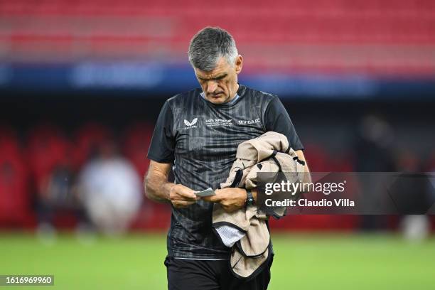 Jose Luis Mendilibar, Head Coach of Sevilla, looks on during a Sevilla FC Training Session ahead of the UEFA Super Cup 2023 match between Manchester...
