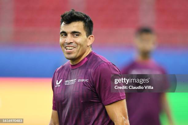 Marcos Acuna of Sevilla reacts during a Sevilla FC Training Session ahead of the UEFA Super Cup 2023 match between Manchester City FC and Sevilla FC...