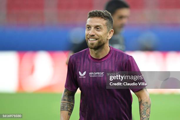 Alejandro Gomez of Sevilla reacts during a Sevilla FC Training Session ahead of the UEFA Super Cup 2023 match between Manchester City FC and Sevilla...