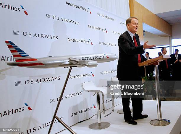 Doug Parker, chief executive officer of US Airways Group Inc., speaks during a press conference at Dallas Fort Worth Airport in Fort Worth, Texas,...