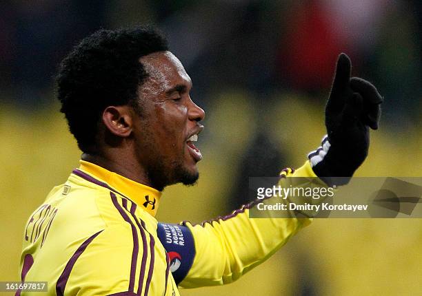 Samuel Eto'o of FC Anji Makhachkala reacts during the UEFA Europa League Round of 32 first leg match between FC Anji Makhachkala and Hannover 96 at...