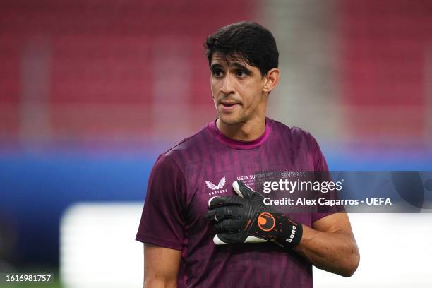 Yassine Bounou of Sevilla looks on during a Sevilla FC Training Session ahead of the UEFA Super Cup 2023 match between Manchester City FC and Sevilla...