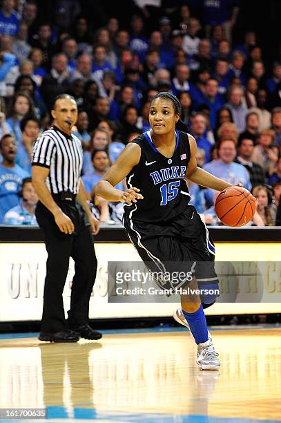 Richa Jackson of the Duke Blue Devils against the North Carolina Tar Heels during play at Carmichael Arena on February 3, 2013 in Chapel Hill, North...