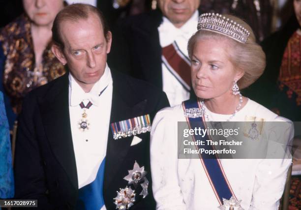 The Duke and Duchess of Kent attending a formal dinner during a State Visit by the Emir of Qatar, Sheikh Khalifa bin Hamad Al Thani , at the...