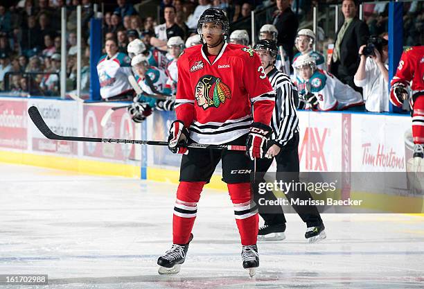 Seth Jones of the Portland Winterhawks skates on the ice against the Kelowna Rockets on February 8, 2013 at Prospera Place in Kelowna, British...