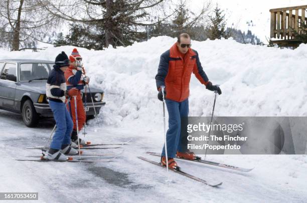 Jamie Courtauld , Lord Nicholas Windsor and The Duke of Kent on a ski holiday in Meribel, Switzerland, circa January 1982.