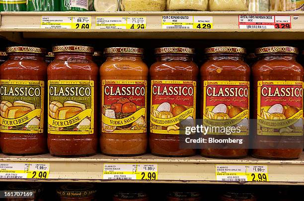 Jars of Classico pasta sauce, made by H.J. Heinz Co., are displayed on a shelf for sale at grocery store in Pittsburgh, Pennsylvania, U.S., on...