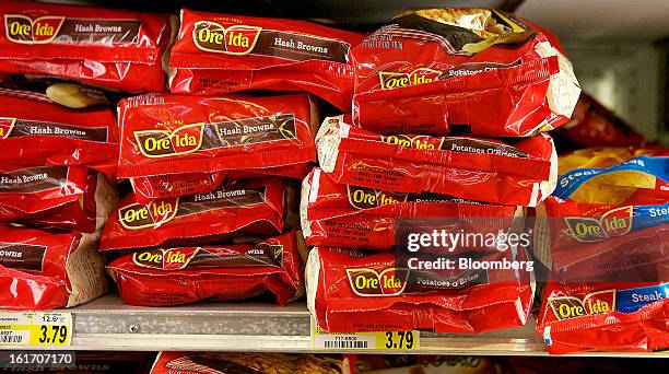 Various Ore-Ida products, made by H.J. Heinz Co., are displayed in a freezer for sale at grocery store in Pittsburgh, Pennsylvania, U.S., on...