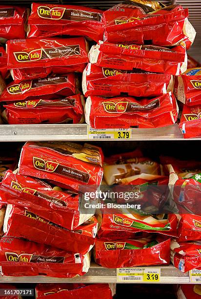 Various Ore-Ida products, made by H.J. Heinz Co., are displayed in a freezer for sale at grocery store in Pittsburgh, Pennsylvania, U.S., on...