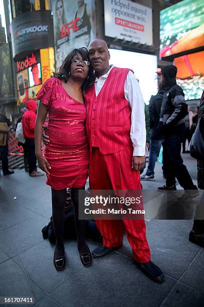 Christopher McVay and Tamesha Leach pose in Times Square on Valentine's Day on February 14, 2013 in New York City. The pair live outside of the city...