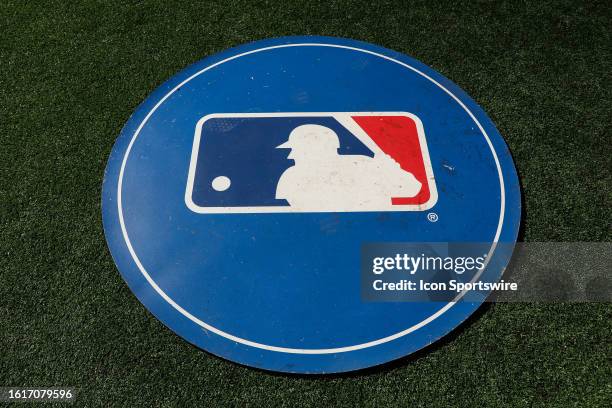 General view of a Major League Baseball logo on a batting circle prior to a regular season game between the Baltimore Orioles and Toronto Blue Jays...