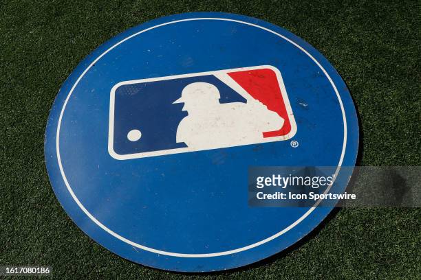 General view of a Major League Baseball logo on a batting circle prior to a regular season game between the Baltimore Orioles and Toronto Blue Jays...