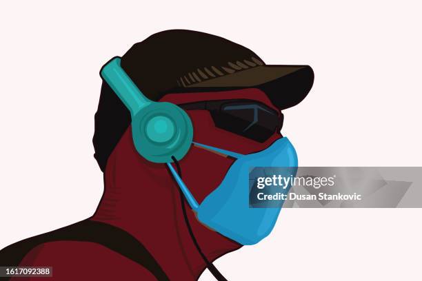 man relaxing with music during pandemic - old people exercise cartoon stock illustrations