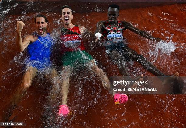 Gold medallist for the men's high jump Italy's Gianmarco Tamberi, gold medallist for the men's 3000m steeplechase Morocco's Soufiane El Bakkali and...