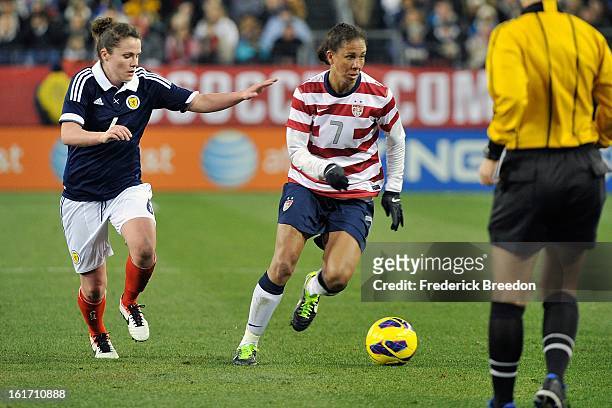 Shannon Boxx of the U.S. Womens National Team plays against the Scotland Women's National Team at LP Field on February 13, 2013 in Nashville,...
