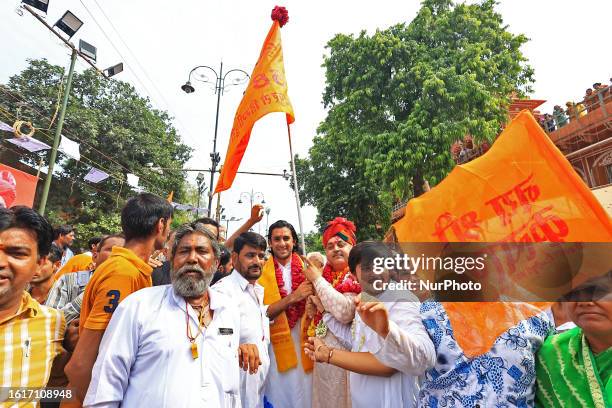 Erstwhile royal family member Maharaja Padmanabh Singh and Galatapithadhishwar Swami Awadheshacharya take part in the annual religious 'Lakhi Pad...