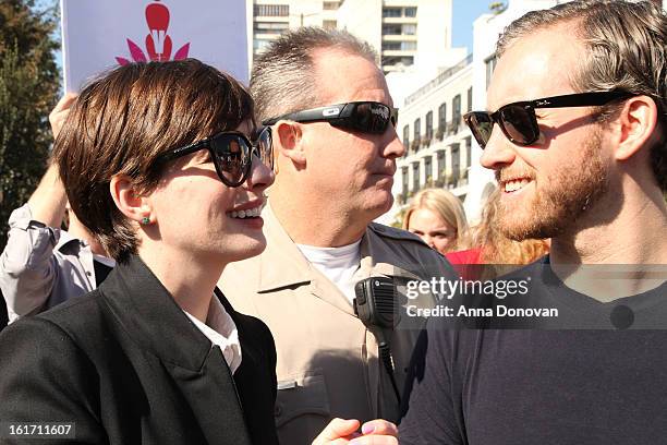 Actress Anne Hathaway and her husband Adam Shulman help kick-off One Billion Rising on February 14, 2013 in West Hollywood, California.