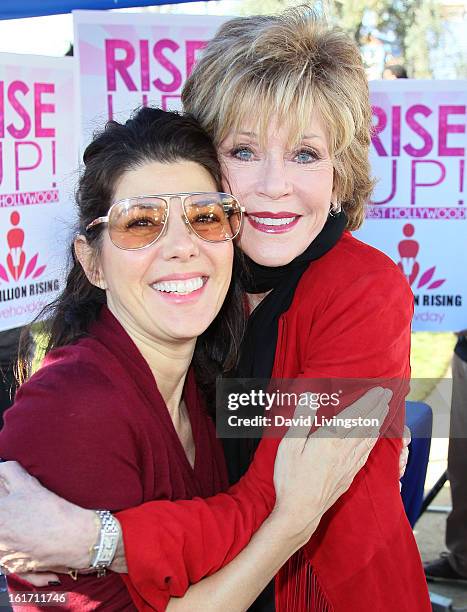 Actresses Marisa Tomei and Jane Fonda attend the kick-off for One Billion Rising in West Hollywood on February 14, 2013 in West Hollywood, California.