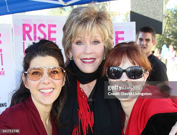 Actresses Marisa Tomei, Jane Fonda and Frances Fisher attend the kick-off for One Billion Rising in West Hollywood on February 14, 2013 in West...