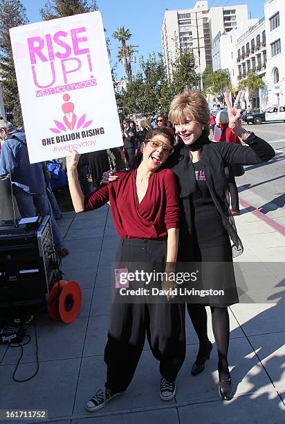 Actresses Marisa Tomei and Jane Fonda attend the kick-off for One Billion Rising in West Hollywood on February 14, 2013 in West Hollywood, California.