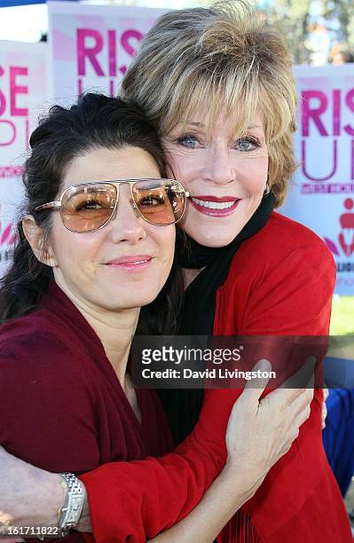 Actresses Marisa Tomei and Jane Fonda attend the kick-off for One Billion Rising in West Hollywood on February 14, 2013 in West Hollywood, California.