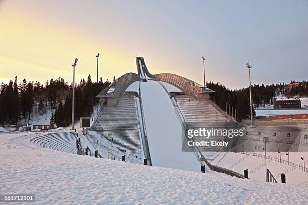 holmenkollen ski arena  at sunset. - holmenkollen stock pictures, royalty-free photos & images