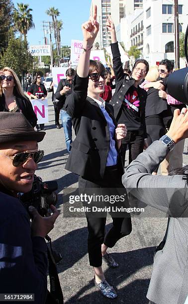 Actress Anne Hathaway attends the kick-off for One Billion Rising in West Hollywood on February 14, 2013 in West Hollywood, California.