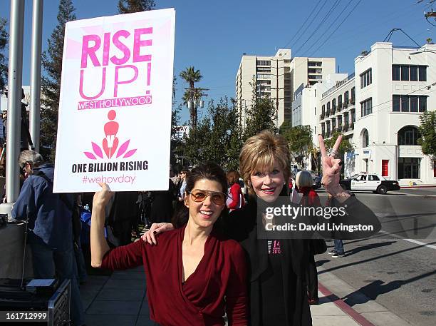 Actresses Marisa Tomei and Jane Fonda attend the kick-off for One Billion Rising in West Hollywood on February 14, 2013 in West Hollywood, California.