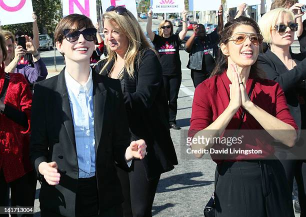 Actresses Anne Hathaway and Marisa Tomei attend the kick-off for One Billion Rising in West Hollywood on February 14, 2013 in West Hollywood,...