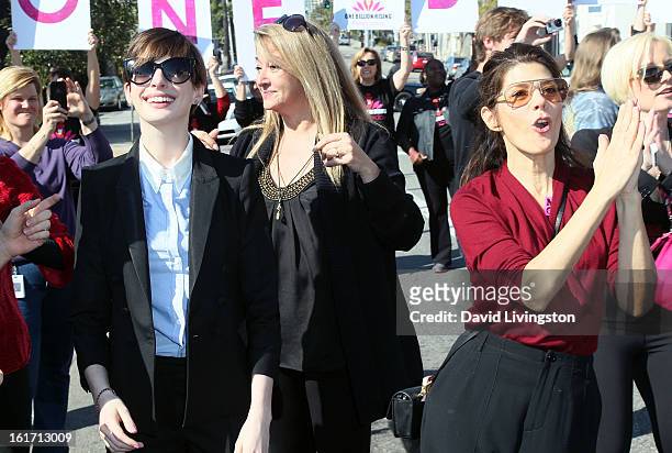 Actresses Anne Hathaway and Marisa Tomei attend the kick-off for One Billion Rising in West Hollywood on February 14, 2013 in West Hollywood,...