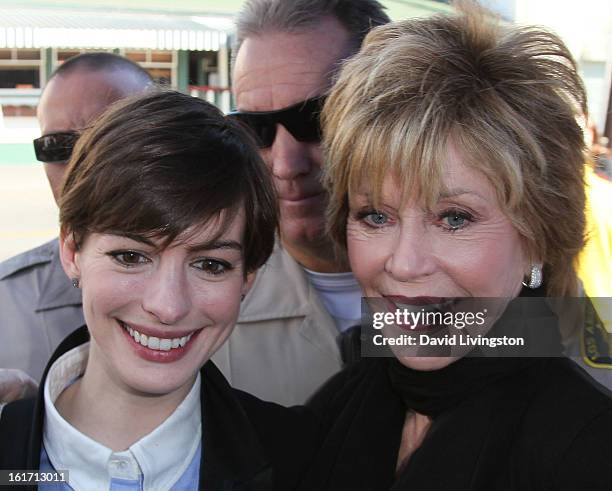 Actresses Anne Hathaway and Jane Fonda attend the kick-off for One Billion Rising in West Hollywood on February 14, 2013 in West Hollywood,...
