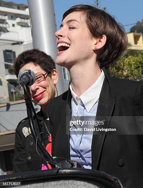 Actress Anne Hathaway and City of West Hollywood Mayor Pro Tempore Abbe Land attend the kick-off for One Billion Rising in West Hollywood on February...