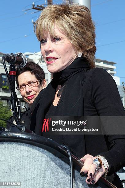 Actress Jane Fonda and West Hollywood Mayor Pro Tempore Abbe Land attend the kick-off for One Billion Rising in West Hollywood on February 14, 2013...
