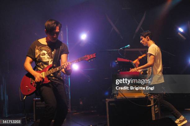 Nick Tsang and Josh Friend of Modestep perform on stage at KOKO on February 14, 2013 in London, England.