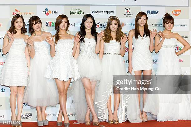 Hong Yu-Kyung, Jeong Eun-Ji, Yoon Bo-Mi, Son Na-Eun, Park Cho-Rong, Oh Ha-Young and Kim Nam-Joo of South Korean girl group A Pink attend during the...