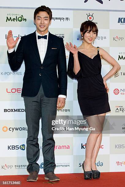 South Korean actors Sco Gun-Woo and Bae So-Eun attend during the 2nd Gaon Chart K-POP Awards at Olympic Hall on February 13, 2013 in Seoul, South...