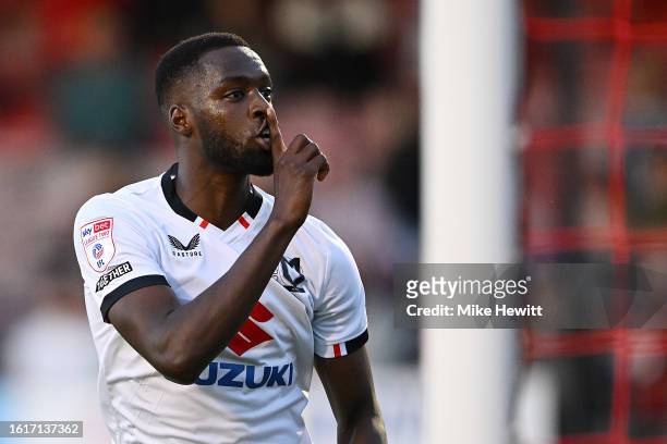 Mohamed Eisa of MK Dons celebrates after scoring the team's first goal during the Sky Bet League Two match between Crawley Town and Milton Keynes...