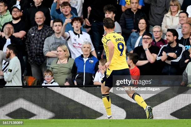 Mark Harris of Oxford United celebrates after scoring the team's first goal during the Sky Bet League One match between Derby County and Oxford...