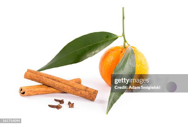 tangerine with cinnamon sticks and cloves - cloves stock pictures, royalty-free photos & images