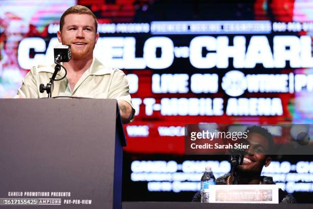 Canelo Alvarez speaks to media during a press conference to preview their September 30 super middleweight undisputed championship fight against...